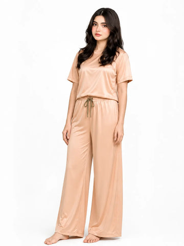 Polyester Jersy Night Suit with Palazzo - Beige Skin